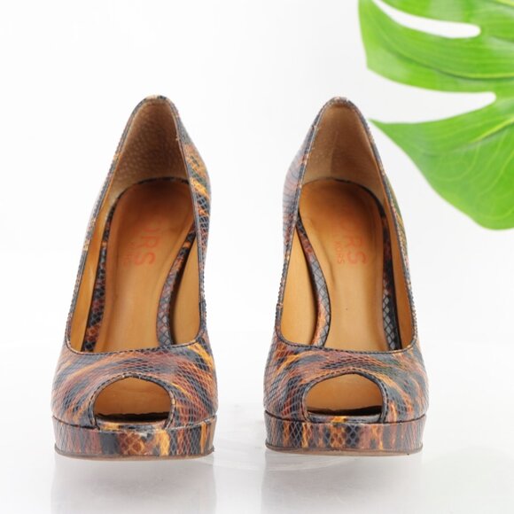 Michael Kors Womens Pumps Size 7 M Brown Tan Python Platform Heel Peep Toe Shoes - Picture 2 of 13